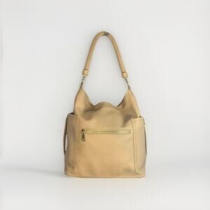 Miztique Grace Taupe Single Braided Handle Hobo Bag With Outer Zippered Pockets